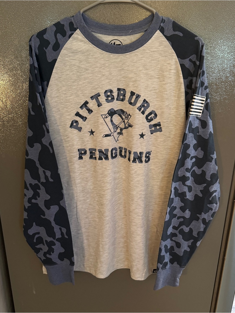 '47 Heather Gray Tee with Navy Ringer and Camo Graphic